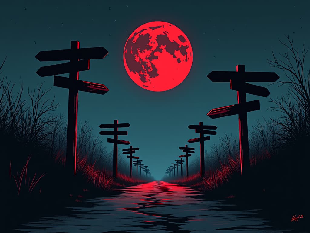  abandoned crossroads at night, signposts pointing in all directions, symbolizing missed opportunities to grow and connect. the style is digital art illustration / modern comic book / graphic dark novel fantasy and mysterious occult, symbolic, moody lighting, esoteric vibe,high detail on character design. for the color scheme emphasize blacks and reds.