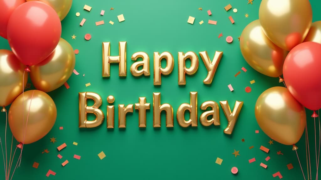  advertising style, stock photo, corporate branding style happy birthday is written on a green background in gold letters, on the sides there are many balloons and confetti ar 16:9 . professional, clean, modern, product focused, commercial, eye catching, minimalist, business oriented, highly detailed