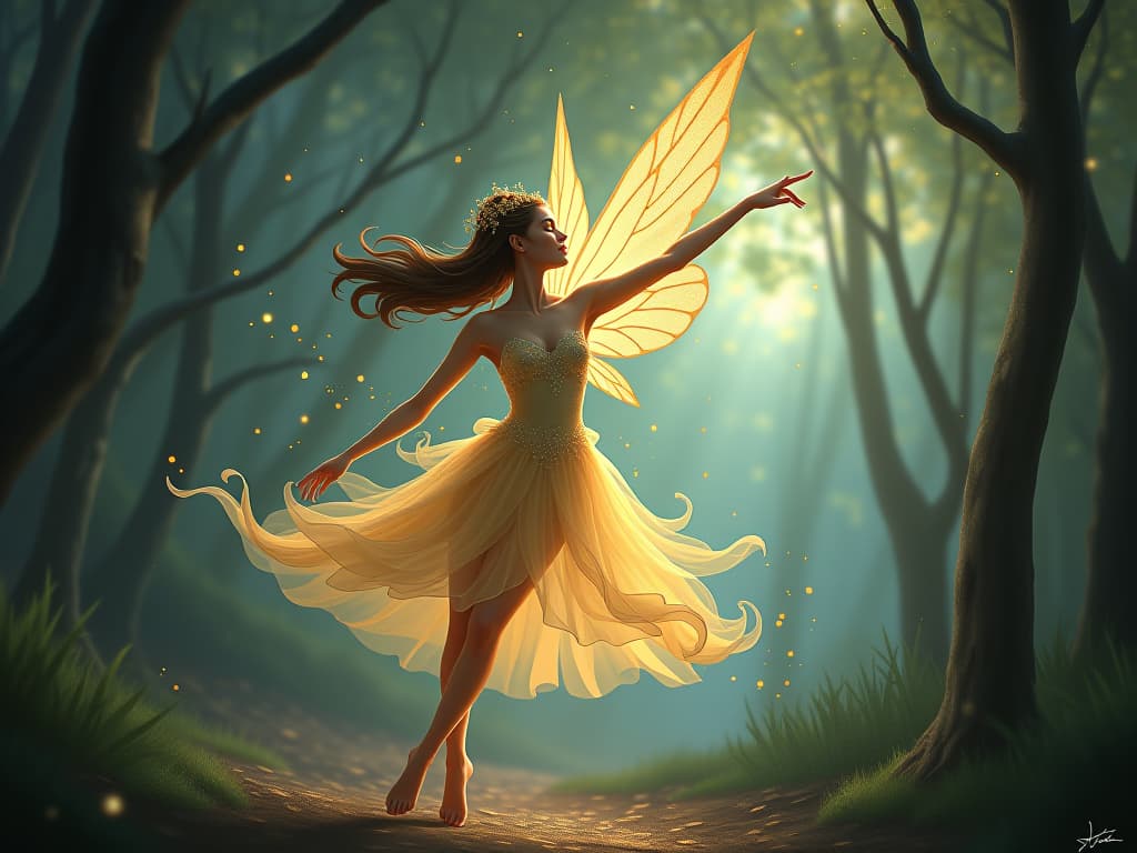  a glowing fairy dancing gracefully in a luminous forest, her movements perfectly in tune with the sparkling energies around her. the scene epitomizes universal flow. graceful, enchanted, luminous.. the style is digital art illustration,highly detailed, whimsical,magical, dreamlike atmosphere, realism and fantasy blend, smooth, glossy textures,luminous quality, wonder and enchantment.