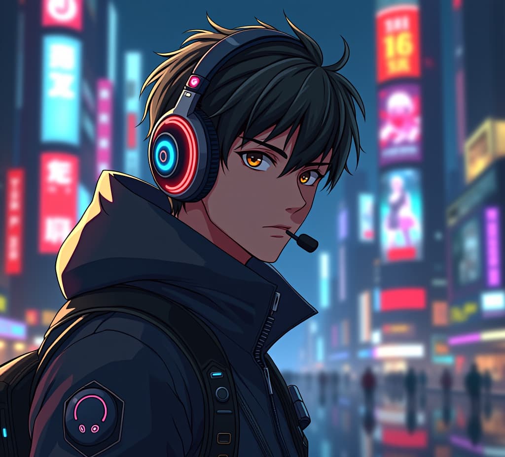  anime, full body portrait of a young man in a futuristic, cyberpunk city at night, wearing high tech headphones and a sleek, futuristic outfit with intricate details. the man has tousled hair and a focused expression, with neon lights reflecting off his gear. the background features a cityscape with tall buildings and glowing advertisements, evoking a high tech, immersive atmosphere