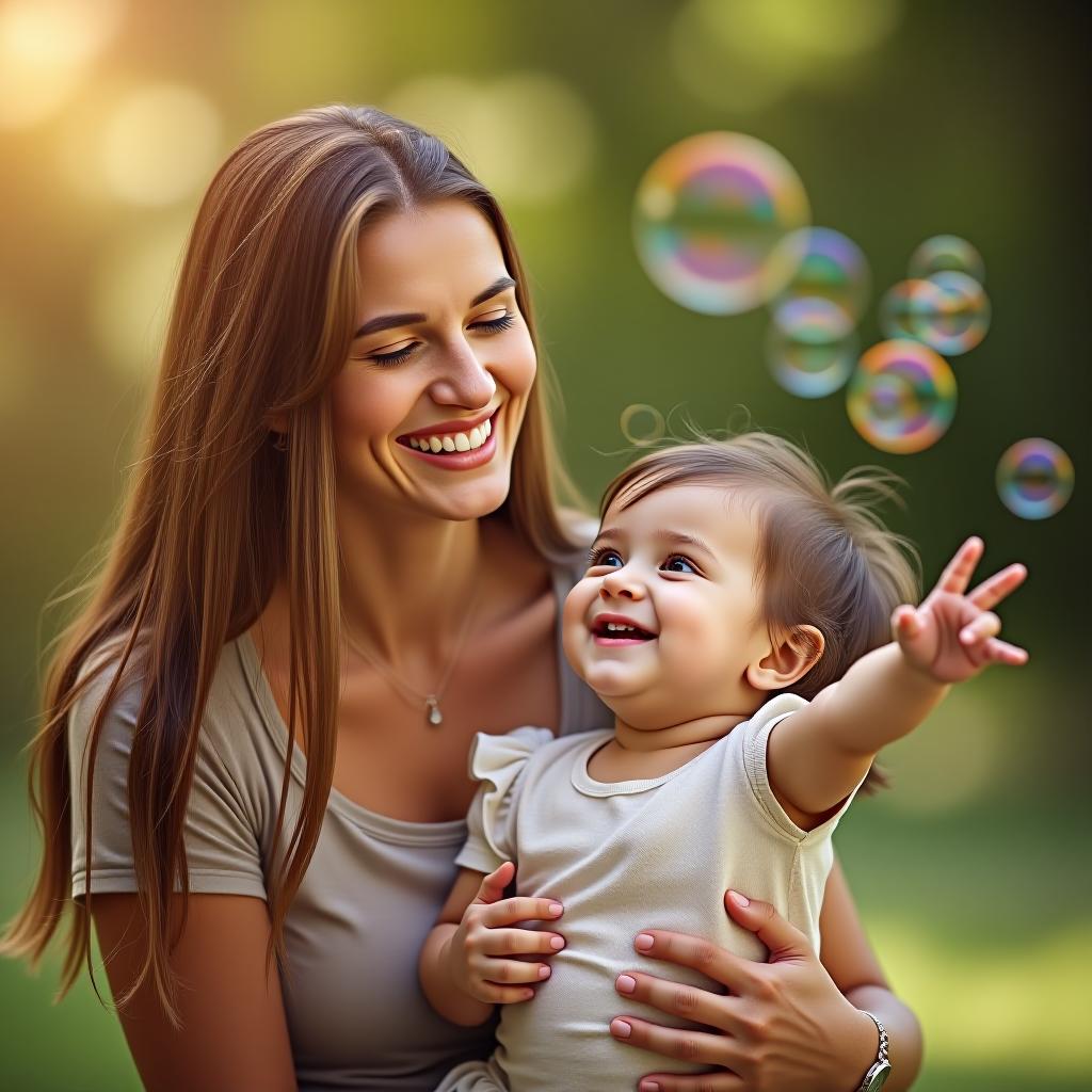  smiling mother and enjoying time together. family moments, care, and the simple joys of parenthood. the 's delight is infectious as she reaches for the bubbles