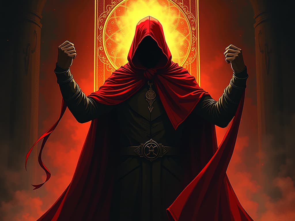  man in red cloak, repairing a golden tapestry, rebuilding reputation, gleaming threads. the style is digital art illustration / modern comic book / graphic dark novel fantasy and mysterious occult, symbolic, moody lighting, esoteric vibe,high detail on character design. for the color scheme emphasize blacks and reds.