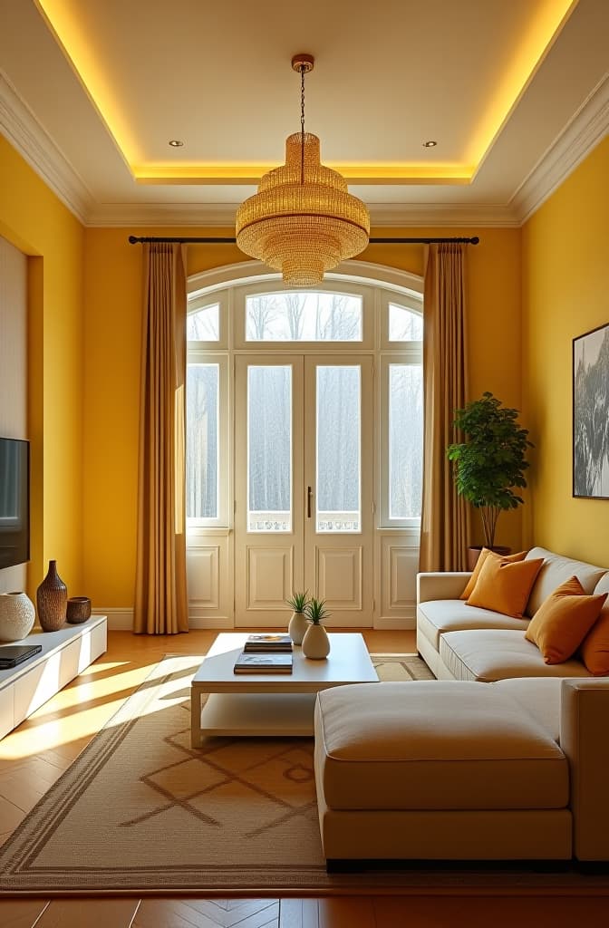  the image displays a modern living room with a yellow toned color scheme, featuring a contemporary chandelier hanging from the ceiling, a stylish coffee table, a geometric rug, and a white door with large windows. hyperrealistic, full body, detailed clothing, highly detailed, cinematic lighting, stunningly beautiful, intricate, sharp focus, f/1. 8, 85mm, (centered image composition), (professionally color graded), ((bright soft diffused light)), volumetric fog, trending on instagram, trending on tumblr, HDR 4K, 8K