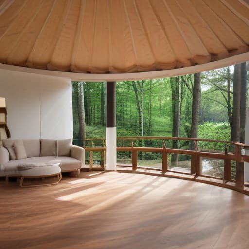 Produce a panoramic photo of three white yurts with brown wood, framed doors and windows sitting on wood decks in the forest just above a beach