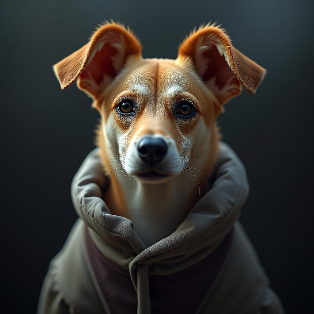  dog hyperrealistic, full body, detailed clothing, highly detailed, cinematic lighting, stunningly beautiful, intricate, sharp focus, f/1. 8, 85mm, (centered image composition), (professionally color graded), ((bright soft diffused light)), volumetric fog, trending on instagram, trending on tumblr, HDR 4K, 8K