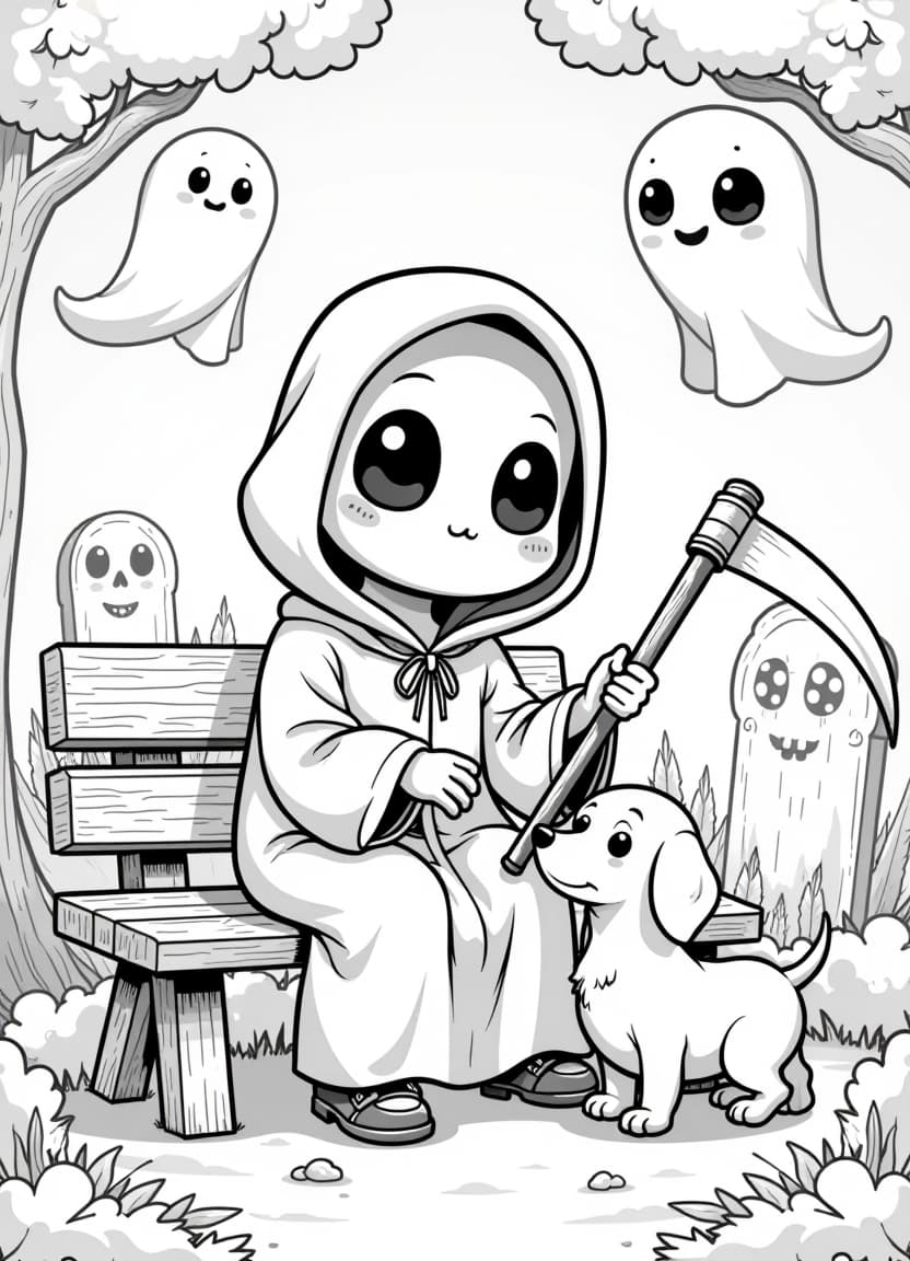  coloring book page kawaii style grim reaper sitting on a bench in a quiet graveyard. grim reaper is wearing a loose hooded cloak and holding a scythe with adorable rounded edges. the character has big, expressive eyes and a calm, gentle smile, with a peaceful vibe. next to grim reaper is a kawaii style dachshund. in the background, there are soft edged tombstones with friendly skull designs and floating, smiling ghosts with rounded shapes. the overall scene should feel cozy and cute, with clean lines perfect for a coloring page., high quality, high details, hd, perfect composition, 4k epic detailed, highly detailed, sharp focus, high resolution