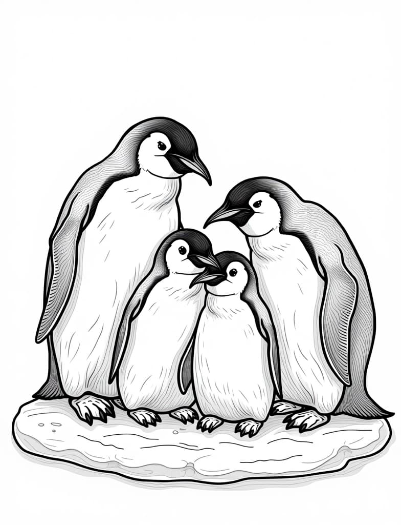  this is for an adult coloring page. a detailed black and white line art of a snowy family of penguins huddled together on an icy surface on a solid white background.