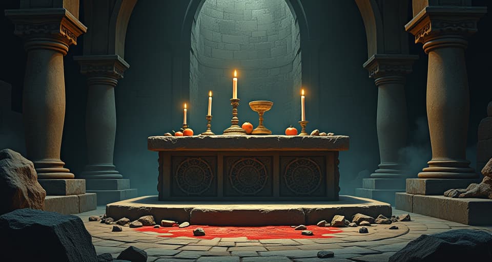  old sacrificial altar, stained stone, remnants of old rituals, solemn atmosphere, somber, mysterious. an illustration in the style of a worn, mystical old tarot trump card, mysterious and elements of surrealism. the colors are muted, somber and eerie, but with contrast bring out an occult and esoteric vibe.