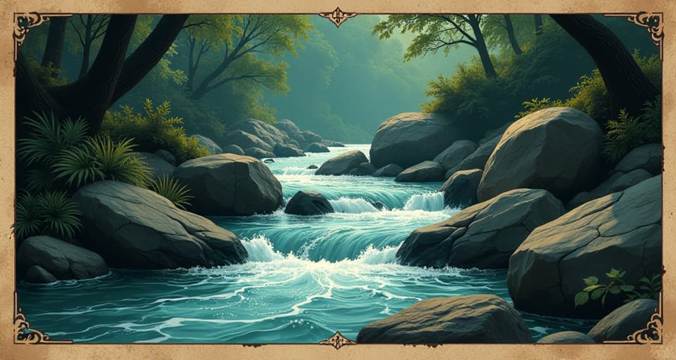  a clear brook running swiftly over rocks, transparent water reflecting light, symbolizing clarity, purity, emotional cleansing. an illustration in the style of a worn, mystical old tarot trump card, mysterious and elements of surrealism. the colors are muted, somber and eerie, but with contrast bring out an occult and esoteric vibe.