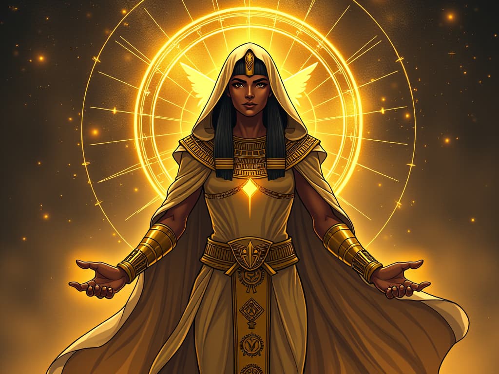  egyptian oracle in a tight golden robe, surrounded by celestial symbols, an aura of mystical energy, representing a chosen one. the style is digital art illustration / modern comic book / mysterious occult, symbolic, esoteric vibe,high detail on character design, incorporating ancient egyptian symbology and attire.