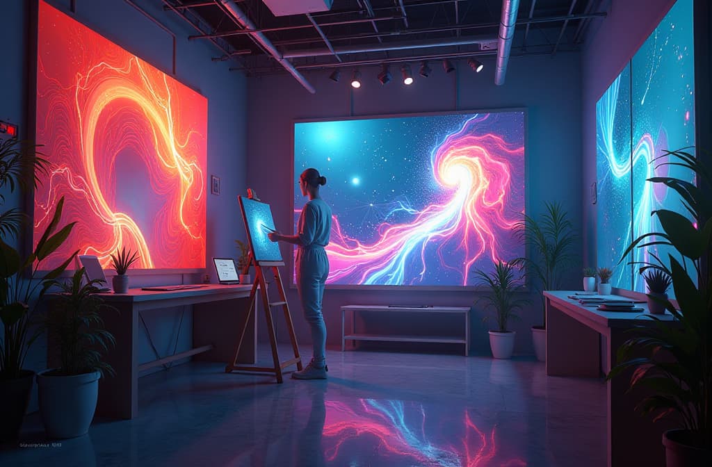  "create a vibrant and futuristic art studio filled with dynamic canvases and interactive screens, where an artist collaborates with a glowing, ethereal ai figure. the room is adorned with swirling patterns of colors and light, showcasing a fusion of traditional painting techniques and digital art. include elements like brushes made of light, holographic palettes, and an ambiance of creativity that reflects the seamless blend of human imagination and artificial intelligence." hyperrealistic, full body, detailed clothing, highly detailed, cinematic lighting, stunningly beautiful, intricate, sharp focus, f/1. 8, 85mm, (centered image composition), (professionally color graded), ((bright soft diffused light)), volumetric fog, trending on instagram, trending on tumblr, HDR 4K, 8K