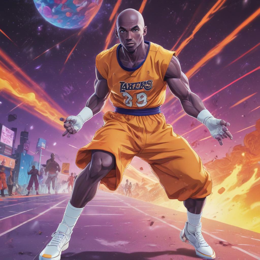 distance-shot, flashy, full-body, dynamic, holographic, animated cartoon poster of kobe scene in the style of dragon ball super