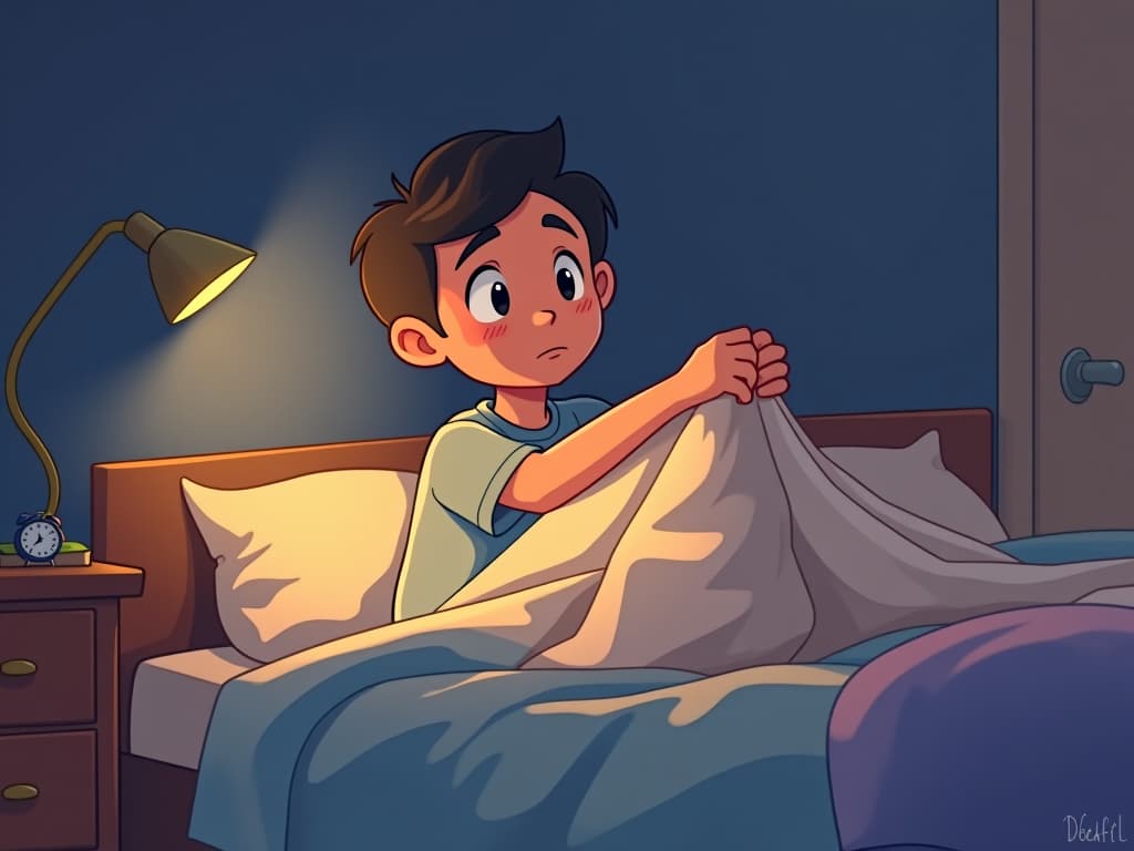  a cartoon man neatly tucks the blanket in a cozy bed. the room is softly lit by a night light, with a book and an alarm clock on the nightstand. everything looks simple and homely, with smooth lines and warm colors. everything looks realistic but with the clean lines and smooth surfaces typical of a cartoon. the scene suggests that the person is lost in thought, but without any surreal or fantastical elements. translated with deepl.com (free version)