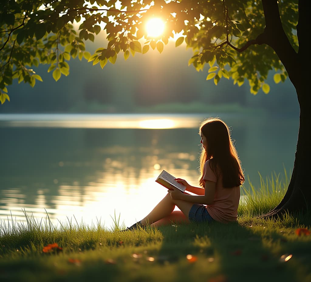  the girl sat by the lake and read quietly. the sun shone on her through the leaves, and the scenery was peaceful and beautiful