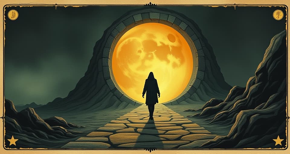  a figure stepping through a glowing portal, an enigmatic landscape ahead, participatory, adventurous. an illustration in the style of a worn, mystical old tarot trump card, mysterious and elements of surrealism. the colors are muted, somber and eerie, but with contrast bring out an occult and esoteric vibe.