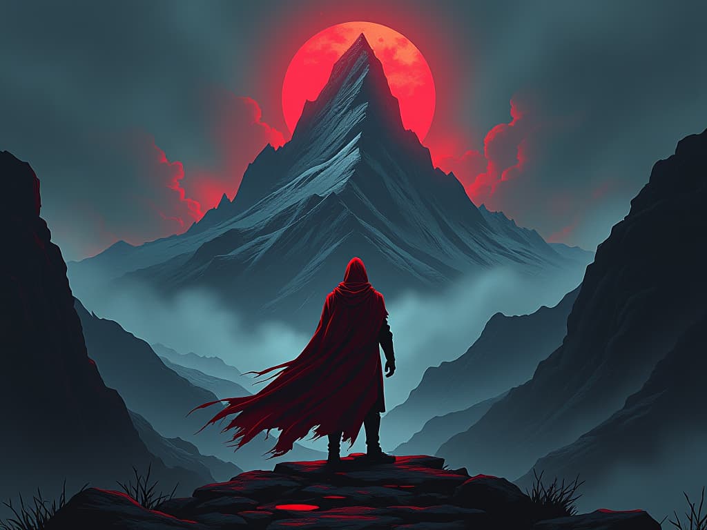  man in tattered red cloak, standing before a towering mountain, path to redemption, sense of aspiration. the style is digital art illustration / modern comic book / graphic dark novel fantasy and mysterious occult, symbolic, moody lighting, esoteric vibe,high detail on character design. for the color scheme emphasize blacks and reds.