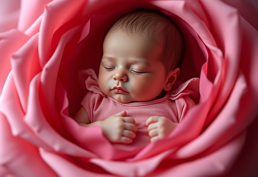  hyperrealistic art a newborn girl in a pink dress sleeps inside a rose . extremely high resolution details, photographic, realism pushed to extreme, fine texture, incredibly lifelike hyperrealistic, full body, detailed clothing, highly detailed, cinematic lighting, stunningly beautiful, intricate, sharp focus, f/1. 8, 85mm, (centered image composition), (professionally color graded), ((bright soft diffused light)), volumetric fog, trending on instagram, trending on tumblr, HDR 4K, 8K