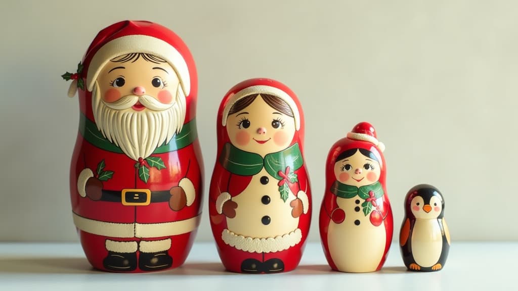  big head, big eyes, caricature, a caricature, rendering, (figurativism:0.8), **a set of russian wooden dolls with hand painted illustrations on them, depicting santa claus and snowmen in different poses. the girl is dressed as an ivy leaf doll wearing winter . there is also one penguin shaped matryoshka doll next to the other three. they all stand against a light colored wall background. ar 16:9, epic realistic, pixar style, disney, (cycles render:1.3), caustics, (glossy:0.58), (artstation:0.2), cute