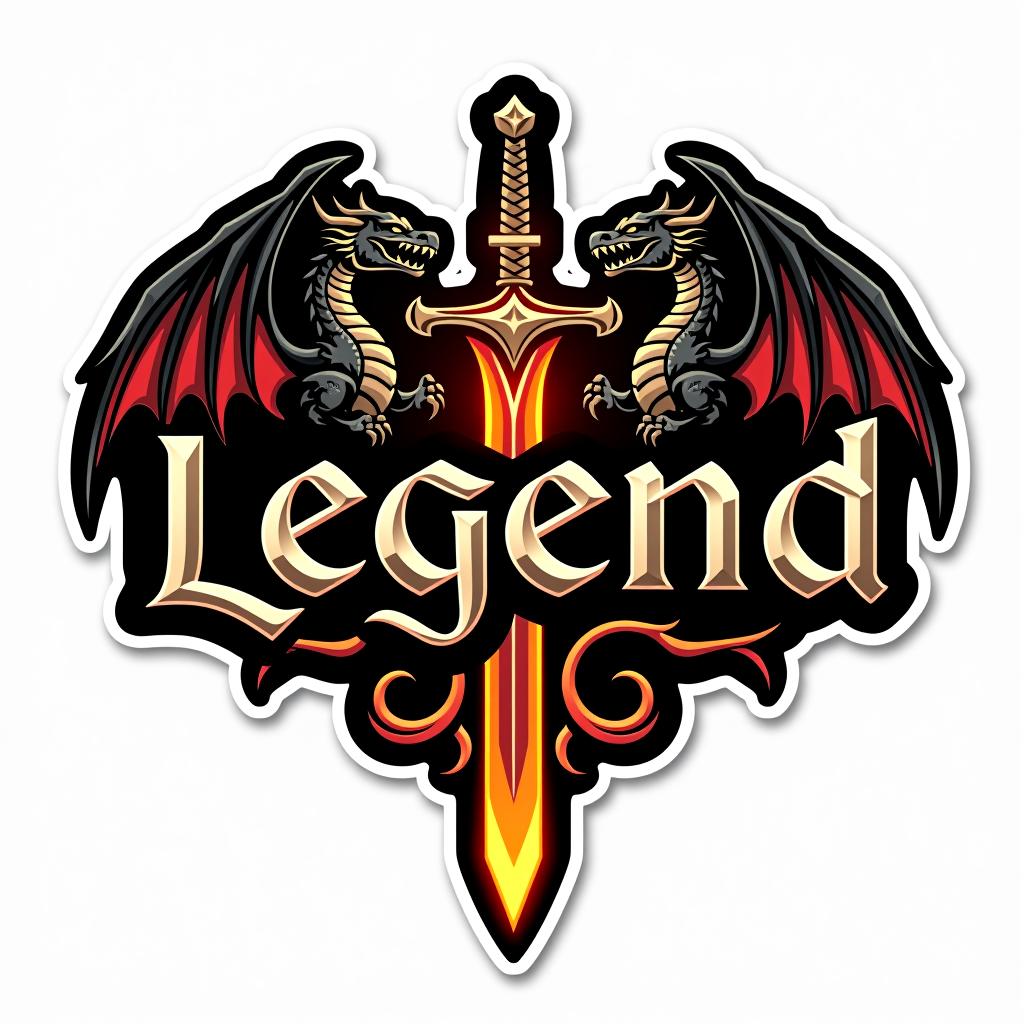  design a logo, custom sticker design on an isolated black background with the words ‘legend’ in bold font decorated by mythical dragons and a flaming sword