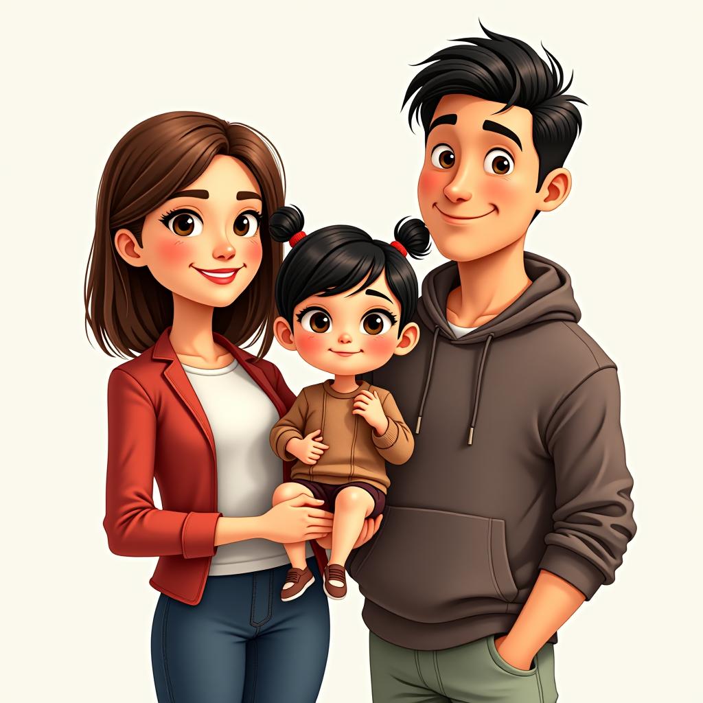  a drawing in the style of a pixar cartoon features a family of three. on the left stands a young woman, slightly tanned, with brown straight hair and brown eyes. she is a trendy young mom dressed in fashionable attire. in the middle, holding onto both her mom and dad, is a old white with black hair styled in two pigtails and brown eyes. on the right is the head of the family, a tall and handsome man with a athletic build, black slightly curly hair, and brown eyes.