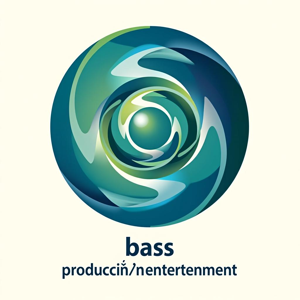  design a logo, un logotipo de empresa audio visual con un logotipo de vórtice circular, diseño limpio y hermoso, simple, estética hermosa, duotono azul y verde azulado sobre fondo blanco, líneas nítidas y limpias, with the text 'bass producciÓn entreteniment '.