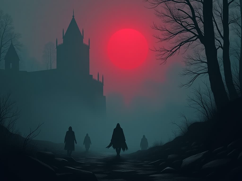  foggy landscape, shadowy figures navigating with confusion, air of clouded judgment. the style is digital art illustration / modern comic book / graphic dark novel fantasy and mysterious occult, symbolic, moody lighting, esoteric vibe,high detail on character design. for the color scheme emphasize blacks and reds.