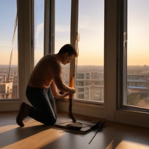 A photo of a skilled window installer carefully measuring a window frame in a modern high-rise apartment during the golden hour with warm, soft sunlight filtering through the open window, casting a beautiful glow on the tools and creating intricate shadows on the floor.