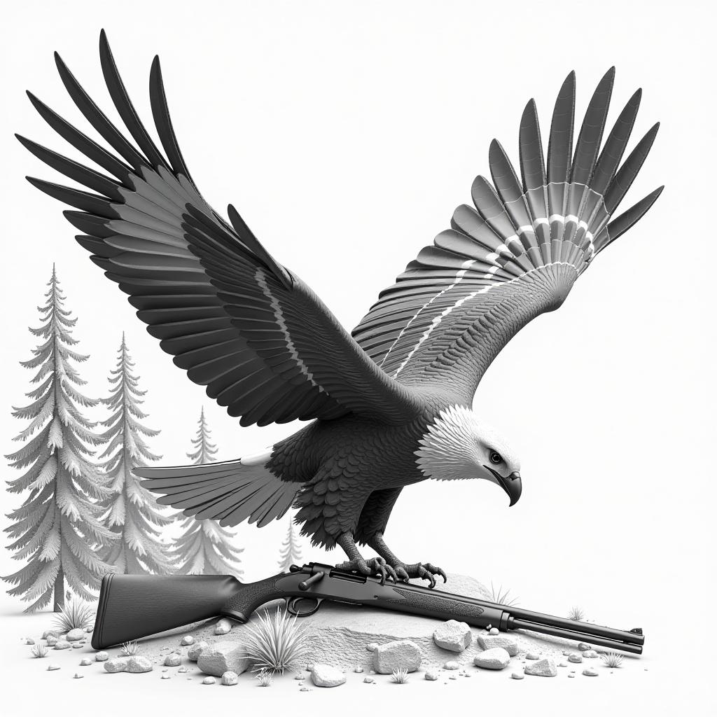  professional 3d model black and white sketches of the 3d model. (eagle on the hunt), dynamic hunting scene, contrasting colors and lighting, high resolution, high detail, increased attention to detail. the whole body and wingspan, the gun is lying on the ground, in sketch style, the whole body ((white background with contours of the forest)), only contours and textures are used, the style of three dimensional wood carving, clear drawing of details, lines, panning, clear lines, background. the white and gray tones are made in the style of a 3d model sketch . octane render, highly detailed, volumetric, dramatic lighting