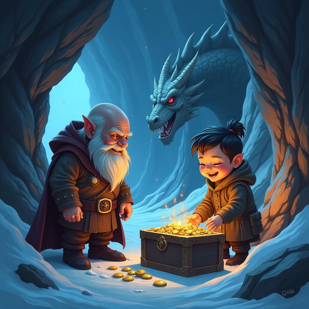  digital photo. ice cave lit by torchlight. two figures. a bald gnome of strong build and a young man of small stature with sharp ears and a cunning look with hair collected in a bundle gleefully look at a chest of diamonds and gold coins. behind the ice wall, they are watched by an evil dragon of silver color.