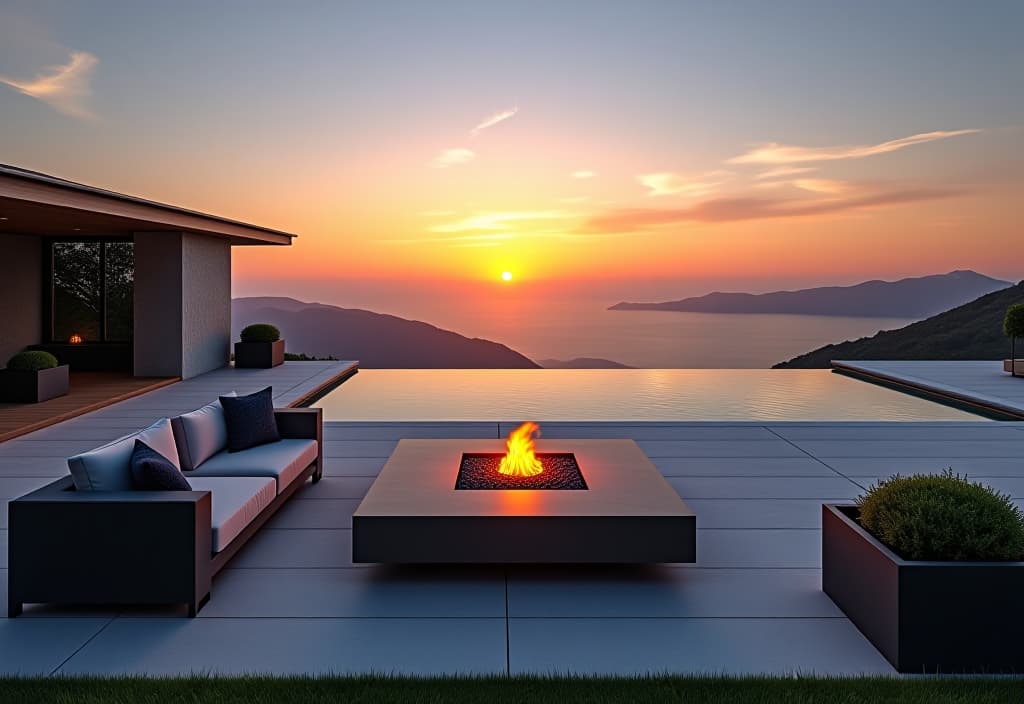  a landscape photo of a modern patio with a sleek fire pit, low profile outdoor sectional, and geometric planters, overlooking a serene infinity pool at sunset hyperrealistic, full body, detailed clothing, highly detailed, cinematic lighting, stunningly beautiful, intricate, sharp focus, f/1. 8, 85mm, (centered image composition), (professionally color graded), ((bright soft diffused light)), volumetric fog, trending on instagram, trending on tumblr, HDR 4K, 8K