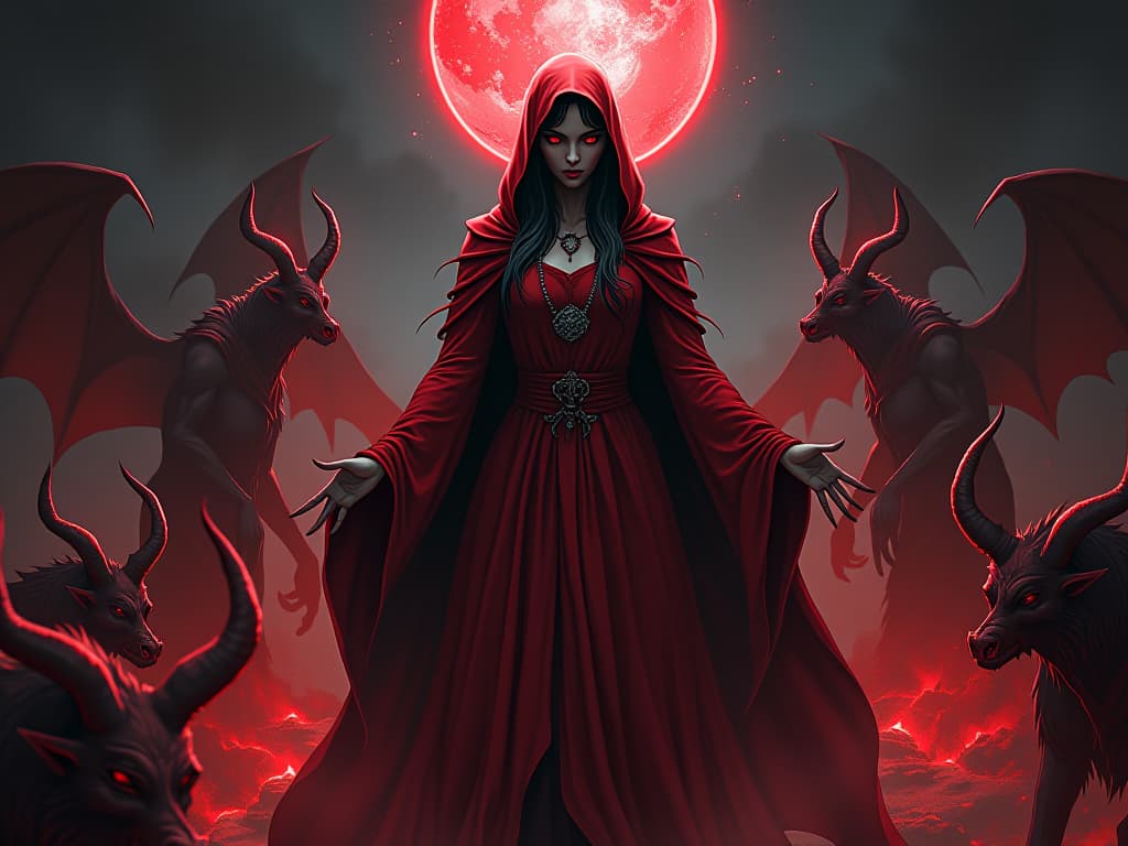  dark sorceress in red robes, standing among glowing runes, aura of power and shame, eyes downcast. the style is digital art illustration / modern comic book / graphic dark novel fantasy and mysterious occult, symbolic, moody lighting, esoteric vibe,high detail on character design. for the color scheme emphasize blacks and reds.