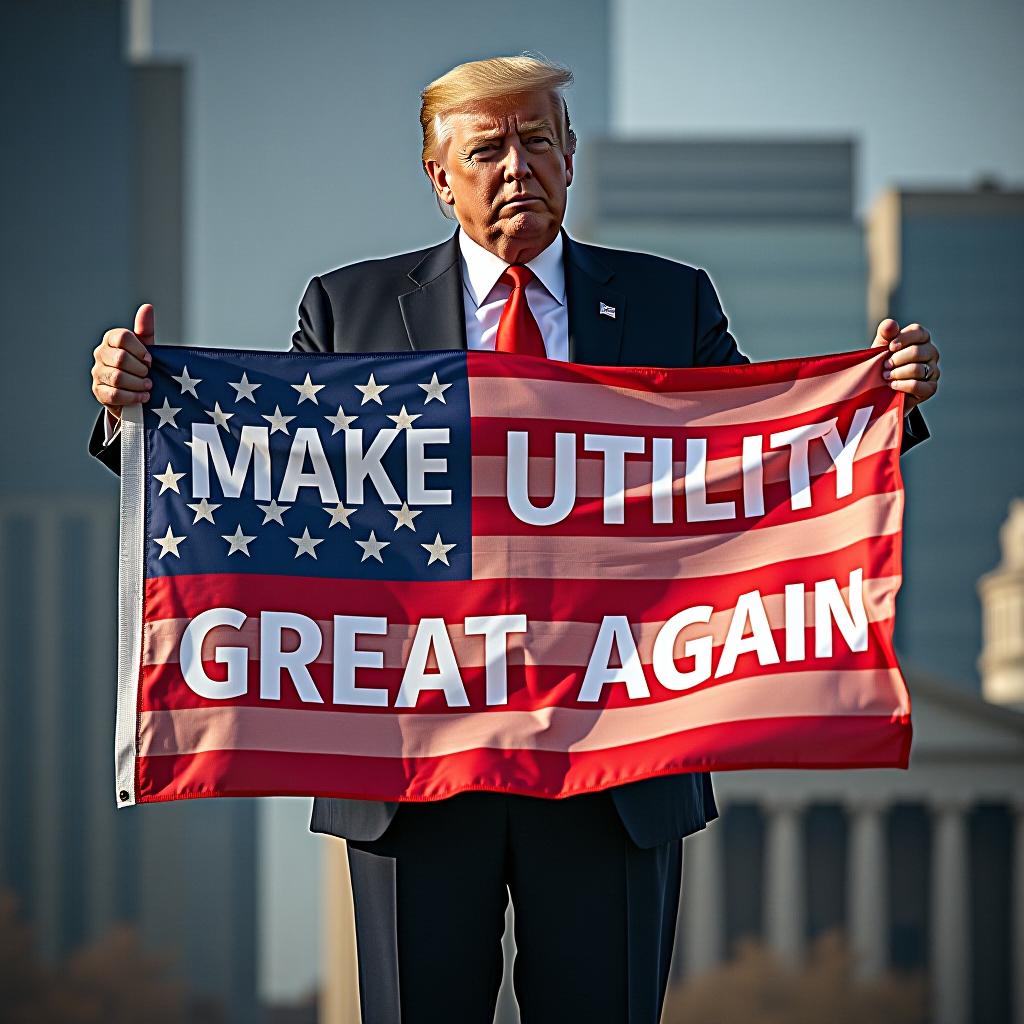  donald trump having a flag with "make utility great again" written on it