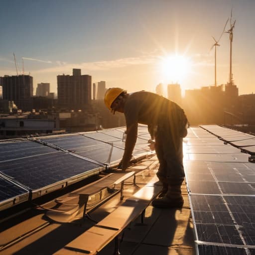 A photo of a construction worker meticulously installing solar panels on a rooftop in an urban setting during the late afternoon with warm golden sunlight casting dramatic shadows, highlighting the futuristic elements of renewable energy and sustainable construction practices.