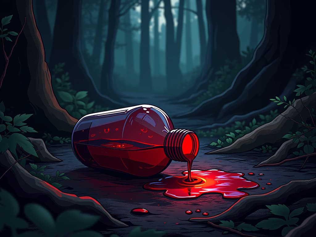  red potion bottle, smashed on the dark forest floor, glowing liquid spilling out, metaphor for bitter realizations. the style is digital art illustration / modern comic book / graphic dark novel fantasy and mysterious occult, symbolic, moody lighting, esoteric vibe,high detail on character design. for the color scheme emphasize blacks and reds.