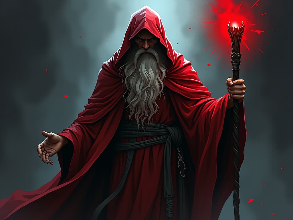  ancient sage in red robes, holding a staff, aura of deep wisdom. the style is digital art illustration / modern comic book / graphic dark novel fantasy and mysterious occult, symbolic, moody lighting, esoteric vibe,high detail on character design. for the color scheme emphasize blacks and reds.