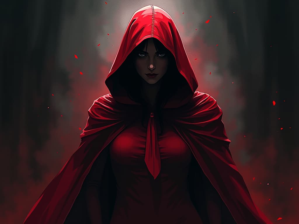  person in red attire, surrounded by shadows, haunted gaze, constant reminder of betrayal. the style is digital art illustration / modern comic book / graphic dark novel fantasy and mysterious occult, symbolic, moody lighting, esoteric vibe,high detail on character design. for the color scheme emphasize blacks and reds.