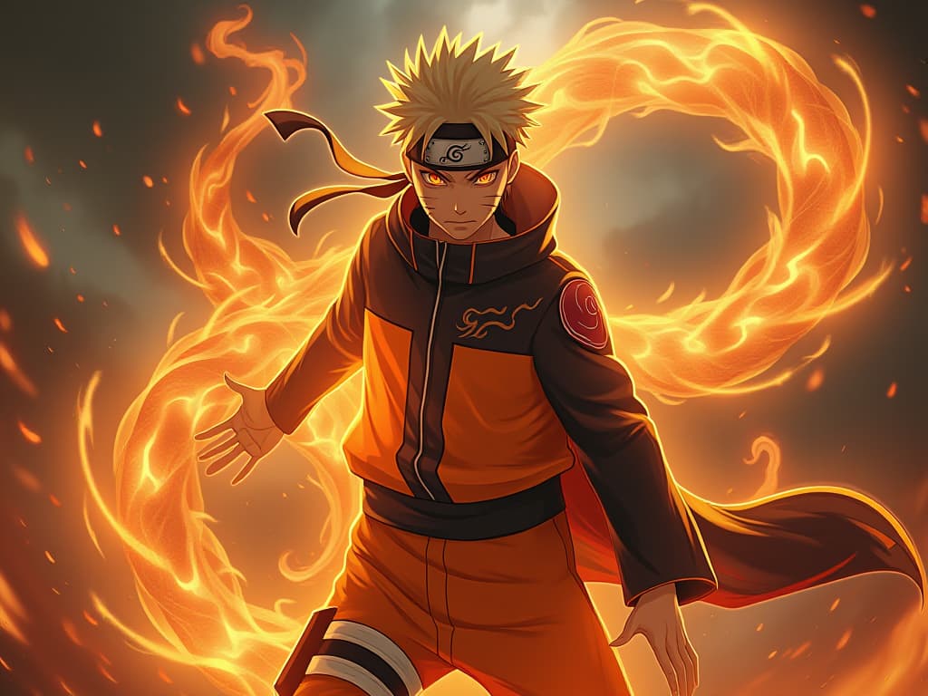  "create a powerful image of naruto uzumaki in his most iconic and strongest form, kurama chakra mode, also known as the nine tails chakra mode. he should be surrounded by a glowing, fiery aura that takes the shape of a fox with nine tails. naruto's eyes are intense, with his pupils in the shape of slits, glowing orange. the outfit should consist of a glowing orange and black cloak with intricate patterns that resemble flames. his hair is spiked up, and the entire scene should exude energy and power, with a dark, stormy background highlighting the contrast of his bright aura. naruto should be in a dynamic pose, ready for battle, with one hand forming a rasengan, swirling with energy." hyperrealistic, full body, detailed clothing, highly detailed, cinematic lighting, stunningly beautiful, intricate, sharp focus, f/1. 8, 85mm, (centered image composition), (professionally color graded), ((bright soft diffused light)), volumetric fog, trending on instagram, trending on tumblr, HDR 4K, 8K