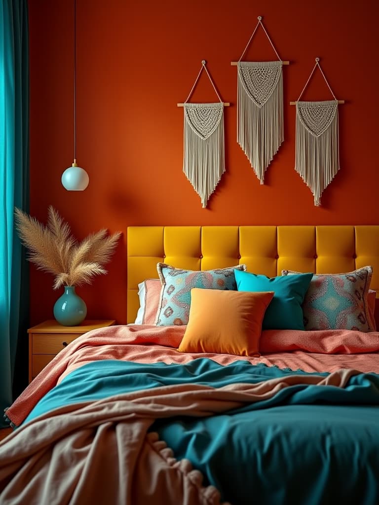  high quality portrait photo of a vibrant boho chic bedroom with warm terracotta walls, a mustard yellow velvet headboard, and teal blue accents in the curtains and throw pillows, featuring macramé wall hangings, captured in golden hour light from the side hyperrealistic, full body, detailed clothing, highly detailed, cinematic lighting, stunningly beautiful, intricate, sharp focus, f/1. 8, 85mm, (centered image composition), (professionally color graded), ((bright soft diffused light)), volumetric fog, trending on instagram, trending on tumblr, HDR 4K, 8K