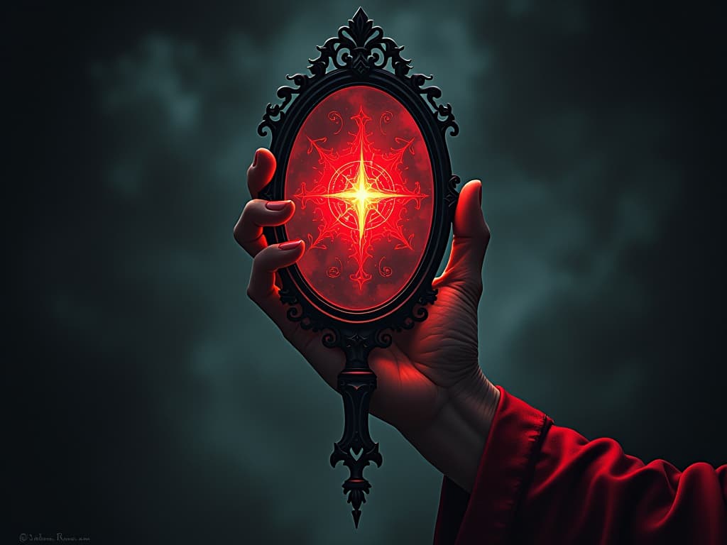  a mystical hand holding a mirror, reflecting a vivid, soul piercing light, dark and swirling background, ethereal and introspective vibe.. the style is dark fantasy and mysterious occult, symbolic, moody lighting, esoteric vibe,high detail on character design. for the color scheme emphasize blacks and reds.