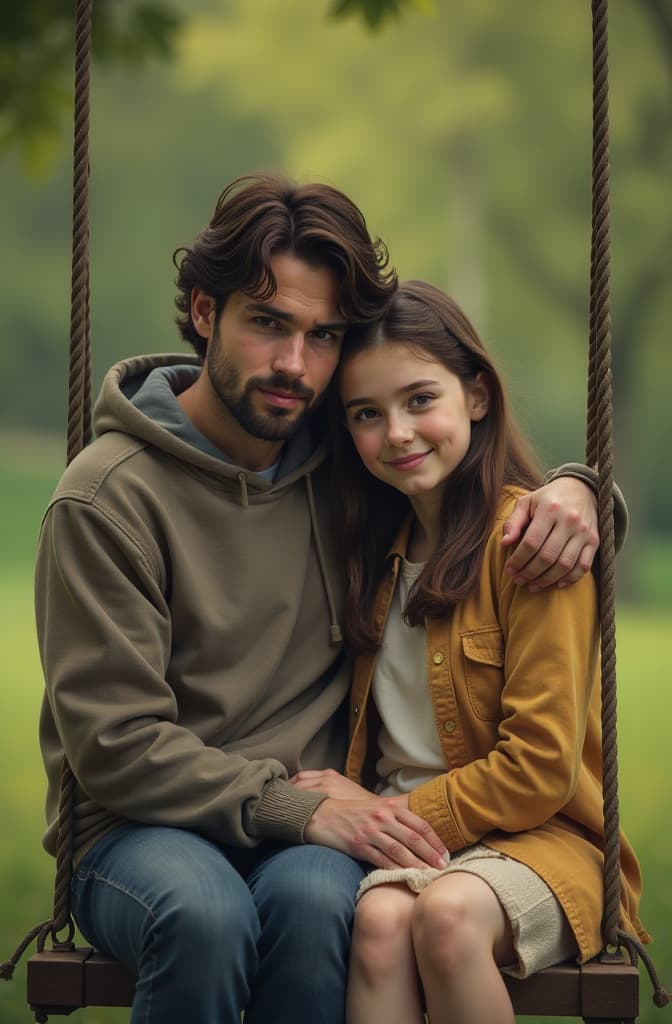  a guy and a girl are sitting hugging on a swing, nature is in the background ar 2:3, (natural skin texture), highly detailed face, depth of field, hyperrealism, soft light, muted colors