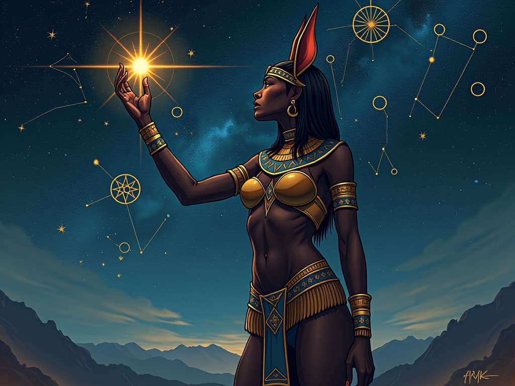  night sky with star constellations and mystical symbols, a large busted dogon priestess in form fitting attire, fingers tracing the stars, an aura of celestial comprehension. the style is digital art illustration / modern comic book / mysterious occult, symbolic, esoteric vibe,high detail on character design, incorporating ancient egyptian symbology and attire.