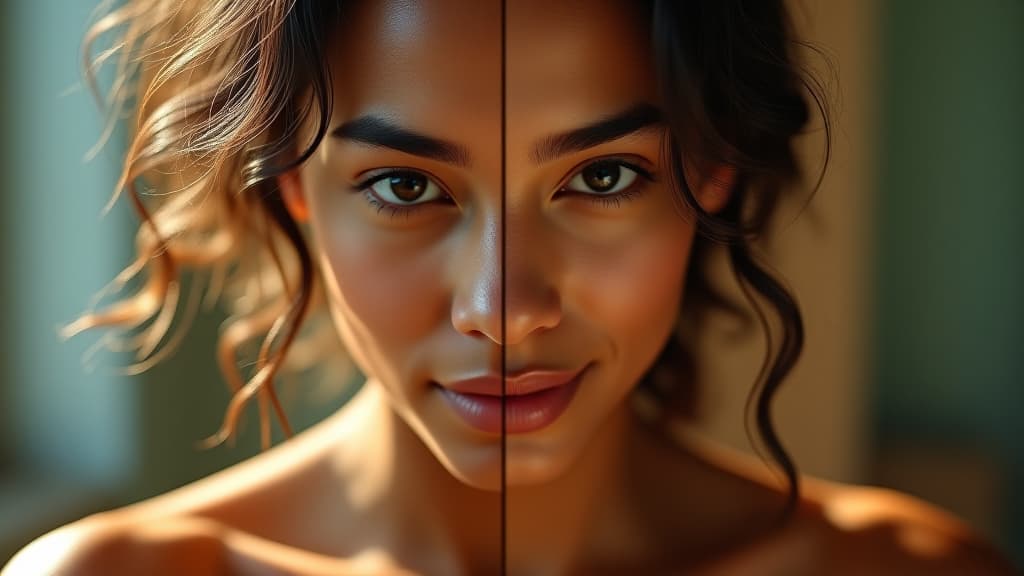  scenes about health and fitness, a split image showcasing 'before' and 'after' effects of drinking clove tea, presenting clear differences in health and well being. hyperrealistic, full body, detailed clothing, highly detailed, cinematic lighting, stunningly beautiful, intricate, sharp focus, f/1. 8, 85mm, (centered image composition), (professionally color graded), ((bright soft diffused light)), volumetric fog, trending on instagram, trending on tumblr, HDR 4K, 8K