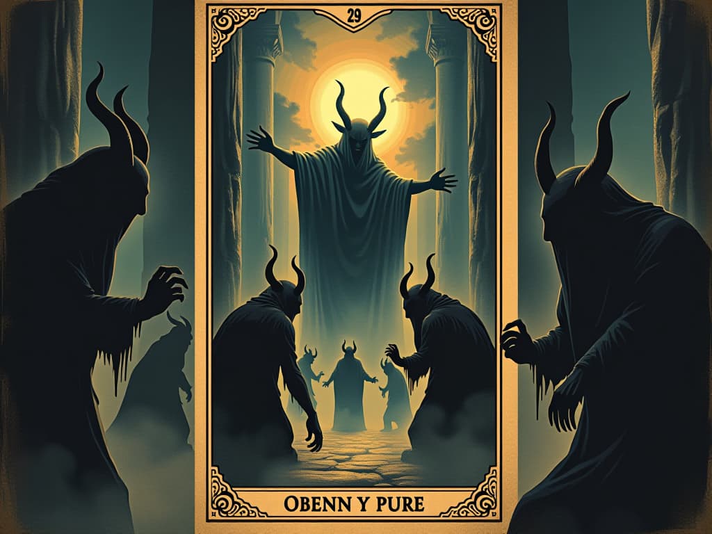  shadows creeping from the corners, horned demons emerging, surrounding a rising, glowing figure, the contrast of light and dark, ominous, threatening atmosphere. an illustration in the style of a worn, mystical old tarot trump card, mysterious and elements of surrealism. the colors are muted, somber and eerie, but with contrast bring out an occult and esoteric vibe.