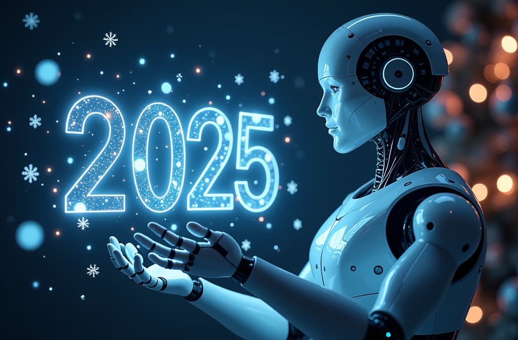  a sleek, chrome humanoid robot interacting with a holographic "2025" adorned with festive elements digital christmas ornaments and garlands float around the glowing numbers. holographic charts and data symbols, along with falling snowflakes, create a festive yet futuristic atmosphere. the robot’s hand glows with soft blue light, and the background has a magical holiday vibe with a mix of technological and christmas visuals. {prompt}, maximum details