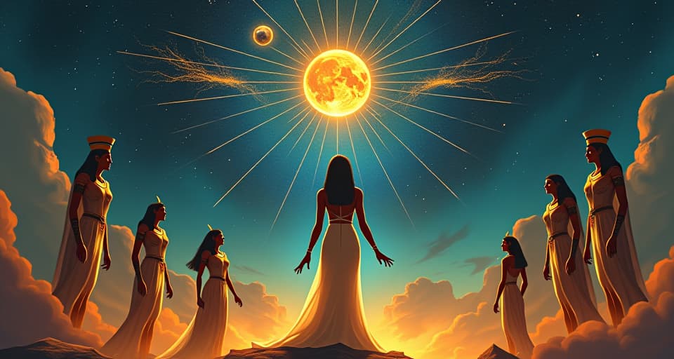  pantheon of egyptian gods gathered in the sky, celestial alignment with stars and constellations, large busted goddess in sheer dress pointing towards earth, symbolizing divine alignment. the style is digital art illustration / modern comic book / mysterious occult, symbolic, esoteric vibe,high detail on character design, incorporating ancient egyptian symbology and attire.