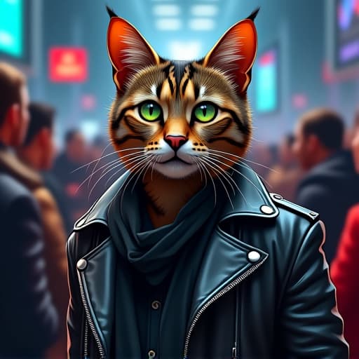  amidst a bustling crypto conference, hemule, the anthropomorphic tabby cat, stands out in a sleek, edgy ensemble. his striking green eyes survey the scene with rebellious charisma. the vibrant, ultra realistic artwork captures hemule's tough persona in a comic book style, showcasing intricate details of his brown, black, and grey stripes against a backdrop of digital market charts. hyperrealistic, full body, detailed clothing, highly detailed, cinematic lighting, stunningly beautiful, intricate, sharp focus, f/1. 8, 85mm, (centered image composition), (professionally color graded), ((bright soft diffused light)), volumetric fog, trending on instagram, trending on tumblr, HDR 4K, 8K