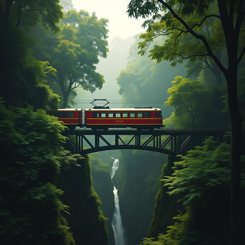  train on the bridge in the jungle forest