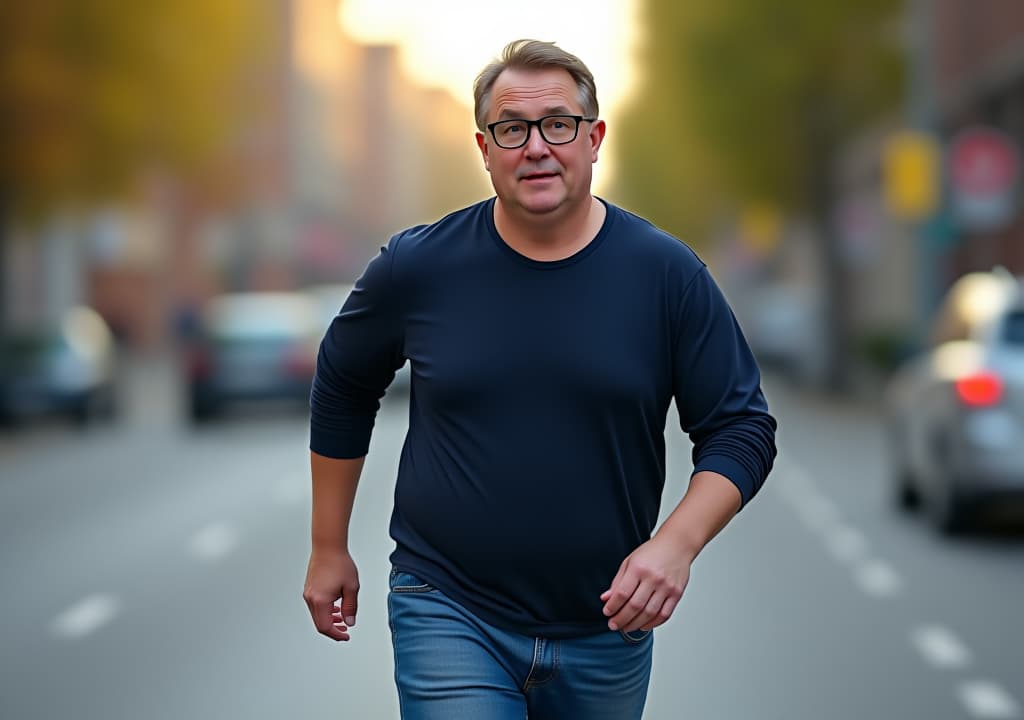  a full body shot of a realistic 2 old danish man with a slightly overweight build. he has short, light brown hair that's mildly tousled, a fair complexion with subtle redness on his cheeks, and a clean face. his facial features are average, with soft blue eyes behind thin framed gles, a straight nose, and a gentle smile line. he's wearing a dark blue long sleeve shirt that's comfortably fitted but not tight, paired with well worn blue jeans and simple white sneakers. the man is captured in mid stride, running along a city street, viewed from the side but glancing towards the camera as if caught off guard. his expression reflects a mix of surprise and amut, with eyebrows slightly raised and mouth slightly open. the backd