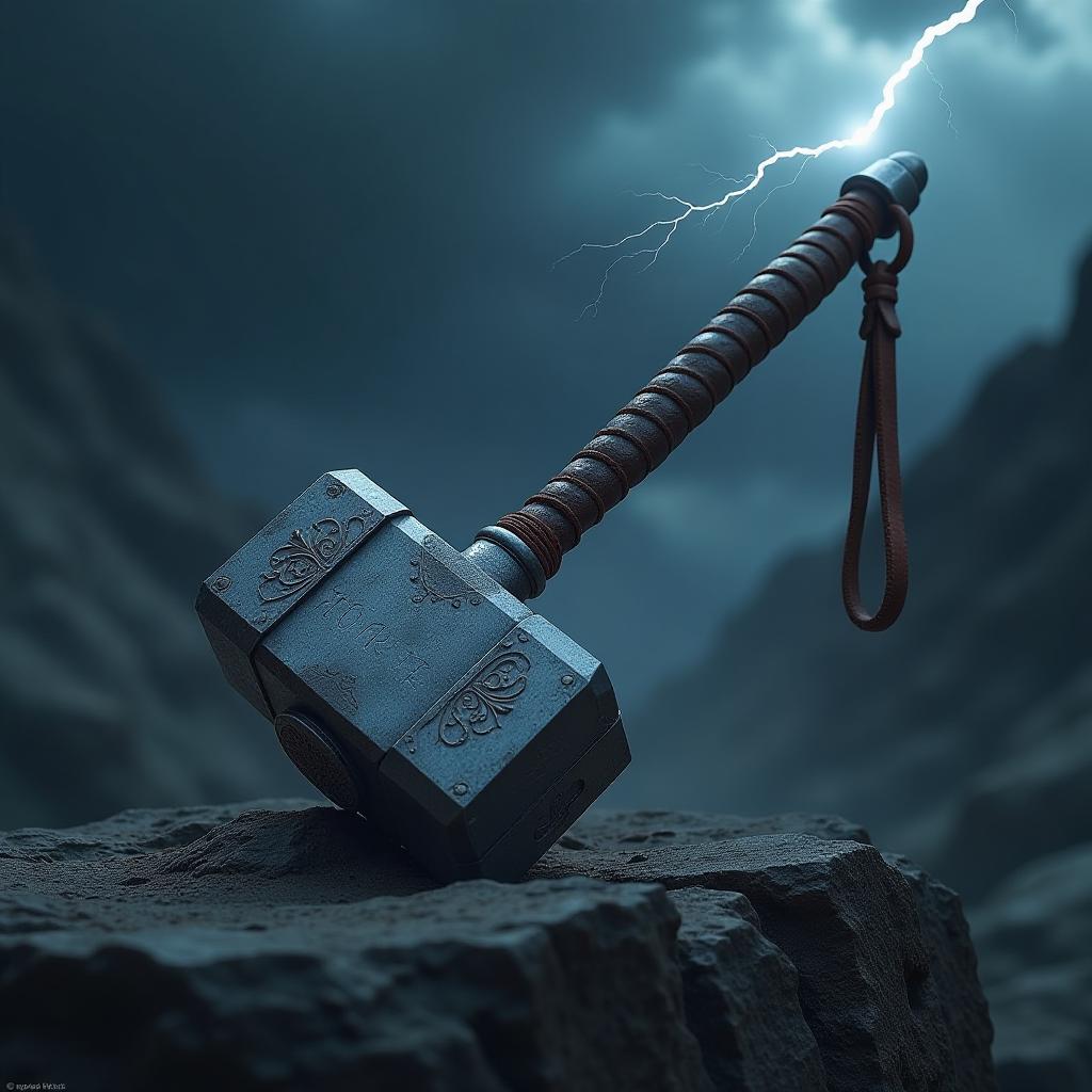  create a highly detailed 4k image of thor's hammer, mjölnir, resting on a rocky surface. the hammer should have intricate norse engravings along the handle and head, with a worn, metallic finish. the handle should be wrapped in aged leather, with a looped strap hanging from the end. lightning should arc around the hammer, illuminating the dark stormy sky above. the scene should be cinematic, with dramatic lighting casting shadows on the rugged terrain, emphasizing the power and mystique of the weapon