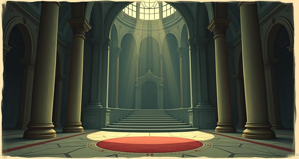  empty throne room, grandiose architecture, echoes of past power, sunlight streaming through broken windows, evocative silence. an illustration in the style of a worn, mystical old tarot trump card, mysterious and elements of surrealism. the colors are muted, somber and eerie, but with contrast bring out an occult and esoteric vibe.